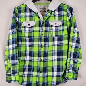 Brothers Plaid With Hood Youth XXL (16) Button-Down Shirt Green/Navy/White